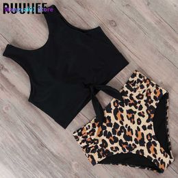 Dames badmode dames badmode ruuhee twee stukken zwempak dames bikini 2023 opard geknoopte hoge nek sport tops badmode dames ruches hoge taille bikini set 0225H23