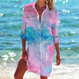 Traje de baño de mujer Traje de baño de mujer Moda de verano Blusas de manga larga Turn Down Blusa Button Up Camisa de oficina Outwear Beach Z230706