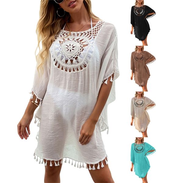 Traje de baño de mujer Borla de mujer Bikini Cubrimientos Verano Patrón de ganchillo sólido Murciélago Boho Ropa de playa Manga corta Vestido de playa corto Traje de baño 230614