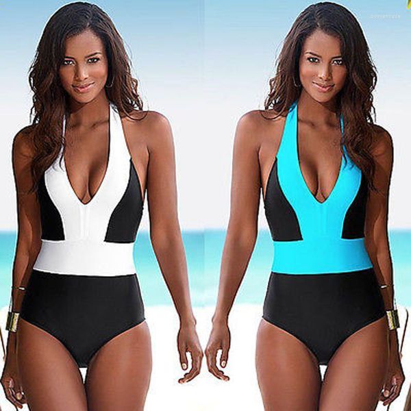 Maillots de bain pour femmes Maillot de bain à blocs de couleur d'été pour femmes Col en V profond Push Up Rembourré Combinaison Couture Design Triangle Maillot de bain