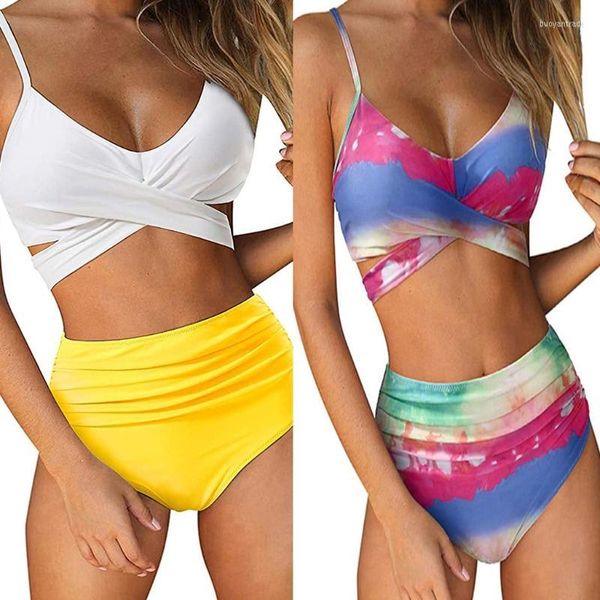 Maillots de bain pour femmes Femmes Sexy 2pcs Bikini Set Ruché Cross Wrap Tie Back Maillot de bain Taille haute Tummy Control Gradient Colorful