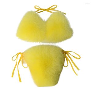 Swimwear féminin Femmes sexy 2 pièces Faux Fur Bikini Set Halter String Triangle BRALETTE MAINTORME TIAT Côté Bottom Couleur solide Bathing