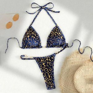 Swimwear féminin Femmes Sexy Bikini Set Leopard Print Halter Bra Faux Pearls Brief