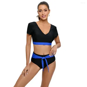 Maillots de bain pour femmes Femmes Sexy Deep V-Col Tankini Ensemble avec haut à manches courtes Taille haute Bas élastique Sprint Beach Maillots de bain 2024