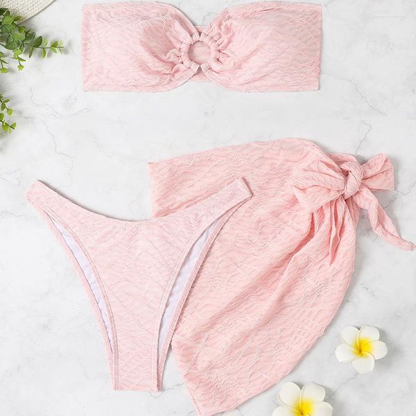 Traje de baño para mujer Bikini sexy de talle alto Conjunto de tres piezas Traje de baño sin tirantes