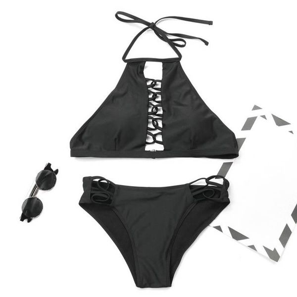 Traje de baño de mujer Mujeres Sexy Lace Up Bikini Set Vendaje Negro Push-Up Acolchado Halter Sin tirantes Ropa de playa Traje de baño Baño Ly Swim LadyMujer