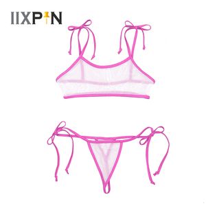 Maillots de bain pour femmes Ensemble de lingerie sexy Bikini Voir à travers le maillot de bain en maille transparente Maillot de bain Micro Bra Top Strings Sous-vêtements 230411