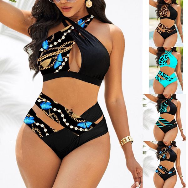 Costumi da bagno da donna Costume da bagno sexy a righe a vita alta Bikini con stampa leopardata Due pezzi Tankini Costumi da bagno brasiliani estivi femminili 230307