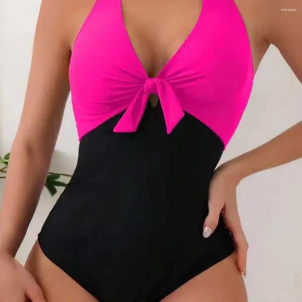 Swimswear féminin Femmes Sexy Summer Monokini Halter Deep V-Neck One-Piece Swimsuit Patchwork Color Bowknot Decor High Wastlessless