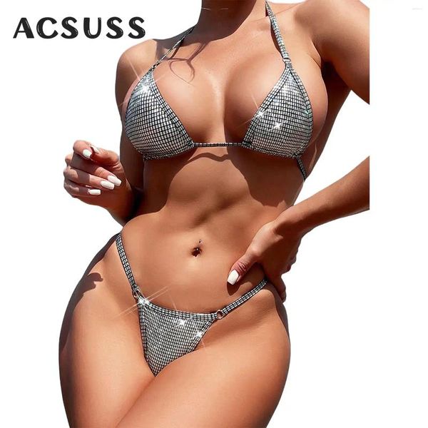 Ropa de baño para mujeres Mujeres brillantes de bikini metálico set de halter triangular sujetador con calzoncillos con correas de espagueti traje de baño micro traje de baño