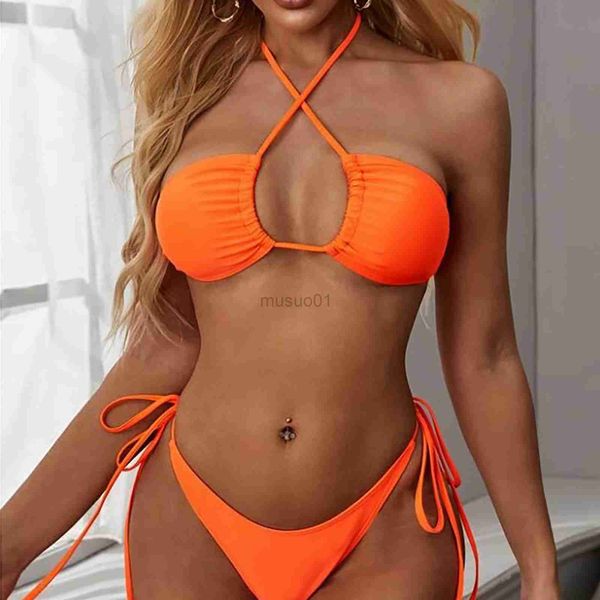 Traje de baño para mujer Bikinis sólidos de dos piezas con cordones traje de baño Sexy Push Micro Bikini Set traje de baño de playa para mujer de cintura baja Y23