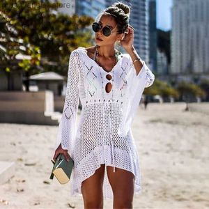 Maillots de bain pour femmes Femmes Solide Bikini Cover Up Sexy Blanc Crochet À Manches Longues Plage Longue Maxi Robe Cover-ups Femme Lâche Tunique Mesh Beachwear T230505