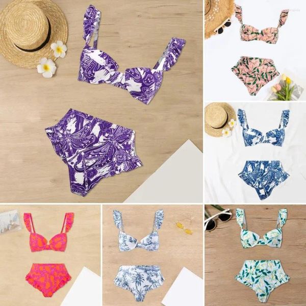 Traje de baño para mujer Mujeres Split Traje de baño Bohemia Estilo Ruffle Bikini Set Manga Bandeau Bra High Cintura Swim Floral Print