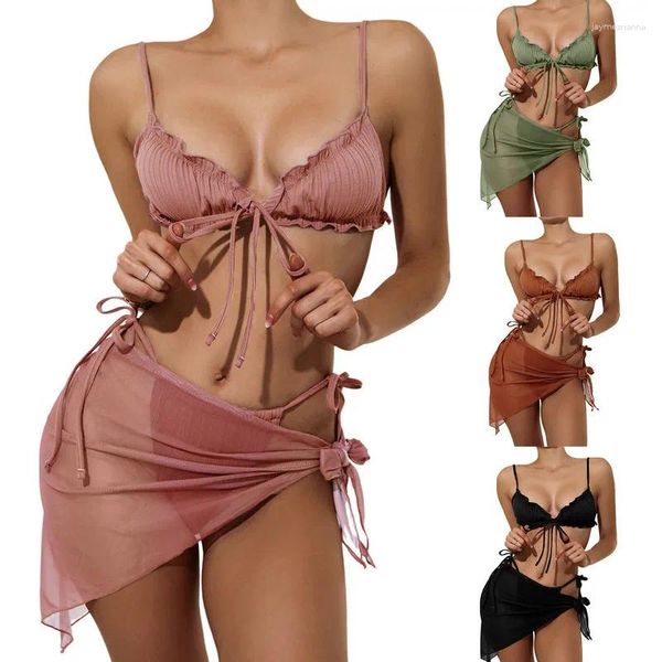 Swimwear de mujeres Mujeres Diviradas de trajes de baño Bikini de color sólido con volantes con bragas con encubrimiento de malla transparente