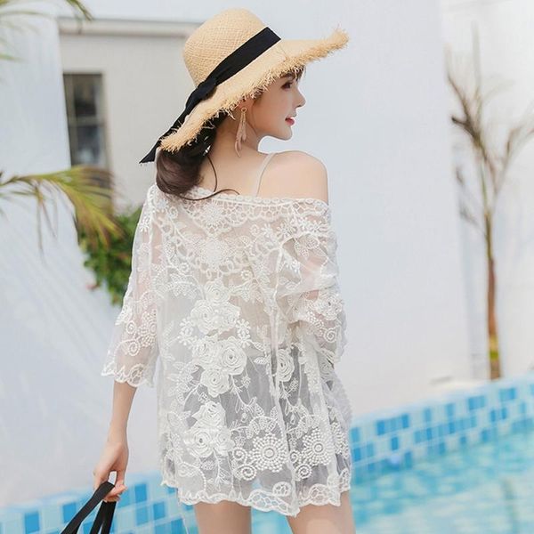 Maillots de bain femme été manches 3/4 Crochet dentelle Cardigan ouvert devant transparent brodé Floral Kimono couvrir Boho haussement d'épaules femme