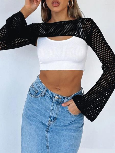 Maillots de bain pour femmes Femmes Summer Cover-Ups Crochet Shrug Solide Couleur Creux Out Tricoté Crop Tops Col Rond Manches Longues Boléro Bain