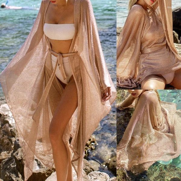 Swimwear féminin Femmes Summent Siny Metallic Swimsuit Cover Up Open Front Take Sexy Sheer Kimono Cardigan Beach Maxi Robe