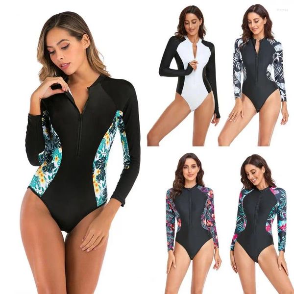 Traje de baño para mujer Mujeres Surfing Monokini Cierre de cremallera Cuello redondo Conservador Estampado floral Natación Apretado Traje de baño de verano Deportes acuáticos