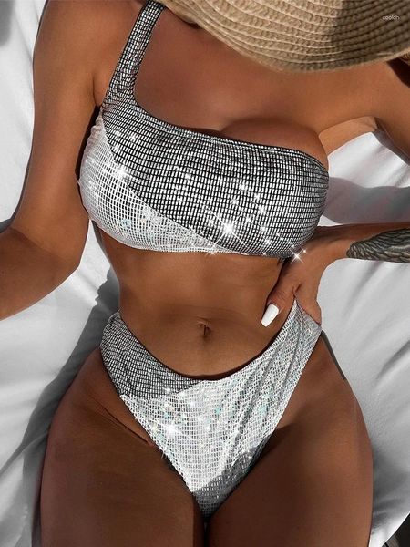 Maillots de bain pour femmes Femmes Maillot De Bain Bikini 2023 Argent Gris Une Épaule Bikinis Ensemble Taille Haute Maillot De Bain Femme Biquini Beach Wear L