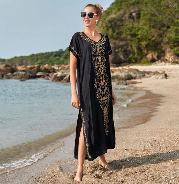 Traje de baño para mujer Mujeres Traje de baño Cubrir Ups Manga corta Kaftan Playa Túnica Vestido Robe de Plage Sólido Blanco Pareo Encubrimientos