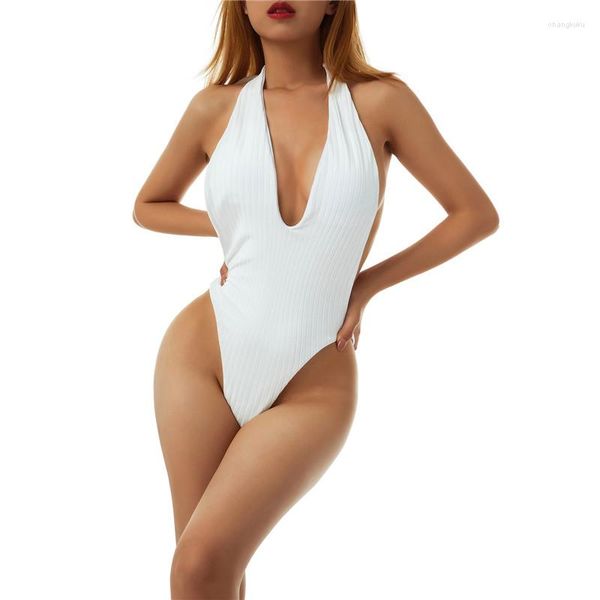 Traje de baño para mujer Mujeres Bikinis de moda Color sólido Acanalado Halter-Cuello Sin mangas Traje de baño sin espalda para damas Playa Natación Traje de baño