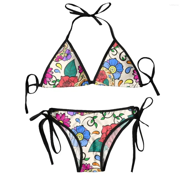 Swimwear de mujeres Triángulo Mujer traje de baño Bikini set sexy halter empuje calaveras de azúcar y rosas