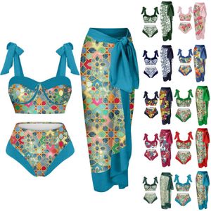 Dames zwemkleding vrouwen buikcontrole zwempak vintage colorblock abstracte bloemenprint 2 -delige bikiniset +1 stuk deksel 3 stuk badkleding t240507