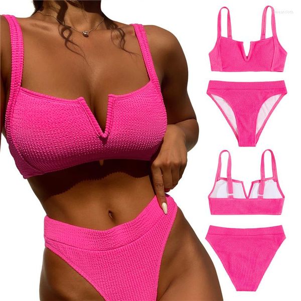 Maillots de bain pour femmes femmes deux pièces Bikini ensemble 2023 solide Rose rouge fendu col en v réglable fronde soutien-gorge taille haute ventre string femme maillot de bain