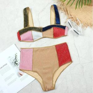 Swimwear de mujeres Mujeres Dos piezas Bikinis Fashion Color Block Tuit de la cintura Alta Push Up Bandeau Triangle Vintage Bathing