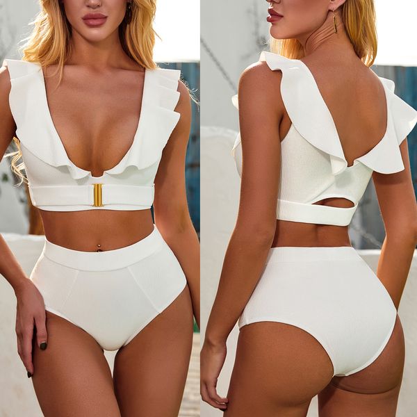 Swimwear féminin Femmes V-Col à collier haute taille Split Ruffled Backle Couleur Couleur Grace Grace Bathing Fashion Chic Gathering Gathering Swimsuit