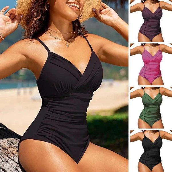 Traje de baño para mujer Mujeres Ropa de deportes acuáticos Playa Monokini Cuello en V profundo Escote bajo Sin espalda Sin mangas Plisado Baño Correa de espagueti