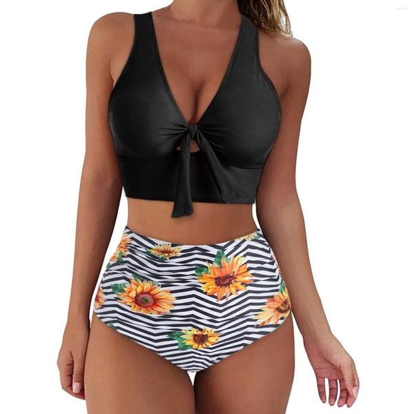 Traje de baño para mujer Mujeres Correas anchas Bikini Sólido Girasol Estampado acolchado Push Up Traje de baño Cintura alta Plisado Sexy Vendaje Ropa de playa