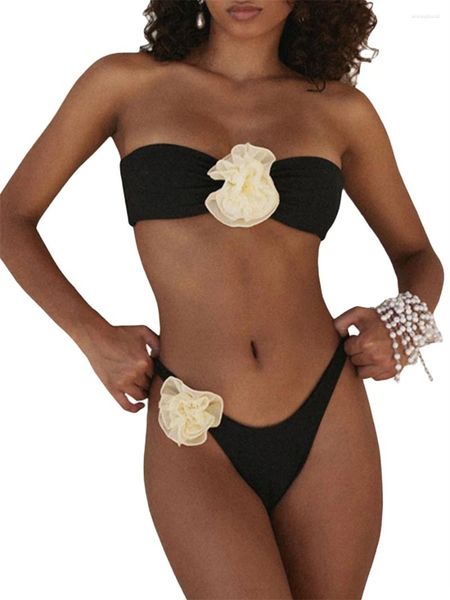 Swimwear Women Women Y2K Bikini Set 3d Flower Sans manchette Top sans manche avec des mémoires basses Bathsuit de bain