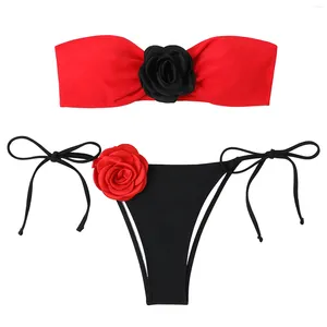 Damesbadmode Dames 2-delig badpak Bloem Bandeau Lace Up Sexy String Driehoek voor dames tienermeisjes