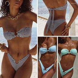 Dames badmode dames bandeau bikini sets sexy strapless tweedelig zwempak gesneden ring schattige geribbelde dames badpak