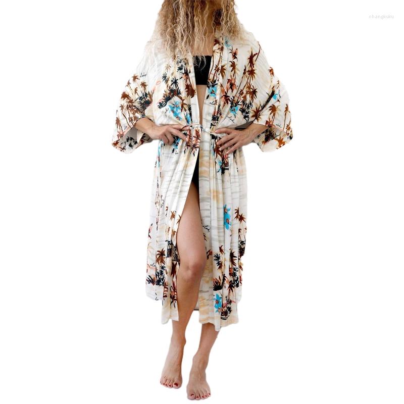 Mulheres Swimwear Mulheres Blusas de Praia Folhas Impressas Kimono Cardigan Flowy Open Front Blusa Long Bikini Cover Up para Meninas D5QD