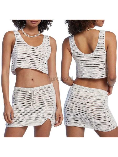 Maillots de bain pour femmes Femmes Couverture de plage Ensemble sans manches Cuillère Collier Crochet Creux Crop Gilet Maillot de bain fendu 240326