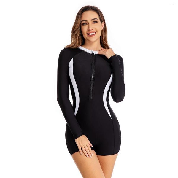 Traje de baño para mujer Boyleg para mujer Traje de baño de una pieza Rashguard Sun Protección UV Manga larga Cremallera Natación Surf Traje de baño Traje de neopreno Buceo