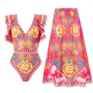 Bikini de coton de maillot de bain pour femmes Bikini 3x Swimsuit de plage avec couverture de plage jupe envelore Sarong rétro floral imprimé tropical