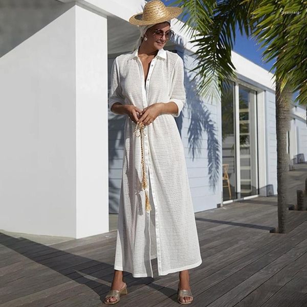 Traje de baño para mujer Cubierta para mujer para la playa Sheer Button Down Kimonos Cardigans Traje de baño Encubrimientos Sexy Long Side Slit Beachwear