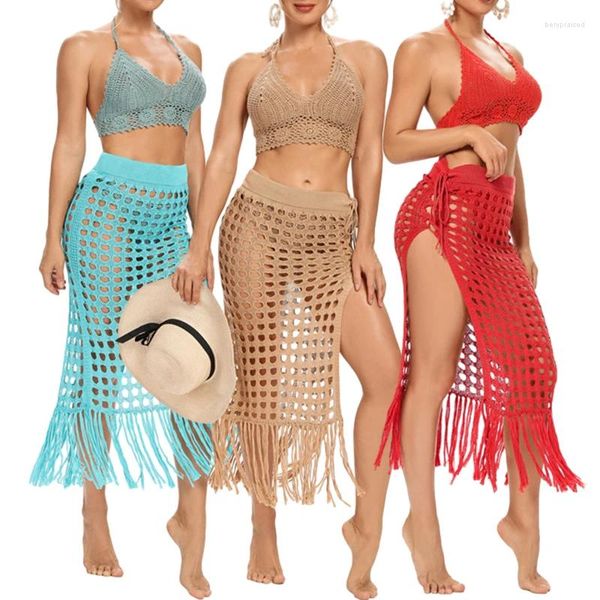 Swimwear de mujeres Crochet de crochet para mujer Bikini Cubierta Falda de punto tejido Máxi Spuesto Split Tuit Vestido Hollow Out Mesh Beach