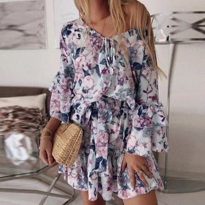 Traje De baño De Mujer vestidos De Mujer llegada 2021 De manga larga Floral Mini Vestido De columpio vacaciones De verano playa volante volante Vestido De Mujer