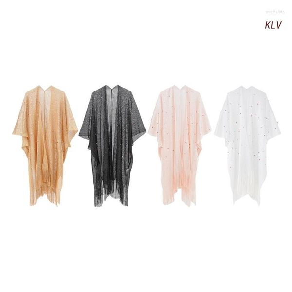 Traje de baño para mujer Kimono para mujer Traje de baño Coverups Pearl-Designs-Summer-Beach Cover-Up Cárdigans sueltos casuales para con borlas