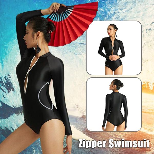 Traje de baño para mujer para mujer de manga larga de una pieza con cremallera Body de surf sexy traje de baño de cintura alta de aceite suave