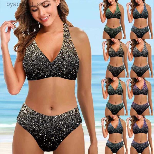 Traje de baño para mujer Conjunto de bikini de cintura baja para mujer Traje de baño de dos piezas con cuello en V sexy Patrón de lentejuelas con purpurina impresa Traje de baño de playa S-5XL L240308