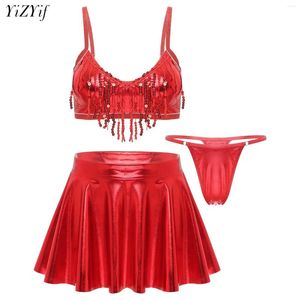 Dames badmode dames metallic bikini set pailletten kwastje crop top met geplooide mini rok badpak zwempak club dansenkostuum