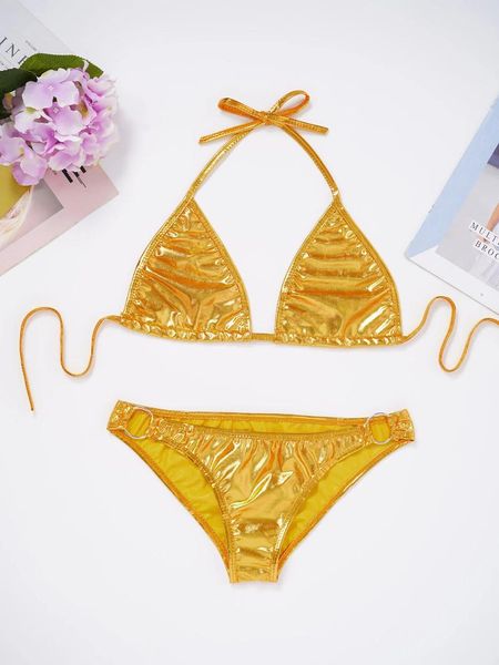 Swimswear Womens Womens Mini Bikini Bikini Metallic Shiny Pool Party Party Bathing Bathing Fssuite Halter Lace-Up Bra avec ON RING Briefs