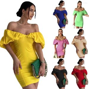 Vrouwen Badmode Womens Mini Jurk 2023 Zomer Sexy Slash Hals Elegante Slanke Effen Kleur Bladerdeeg Mouw Korte Gewaden Mode party Vrouwelijke