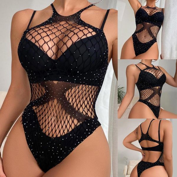 Traje de baño para mujer Ropa interior sexy para mujer Diamante brillante Malla negra Moda Bikini grande Medias de red Vestido Catsuit