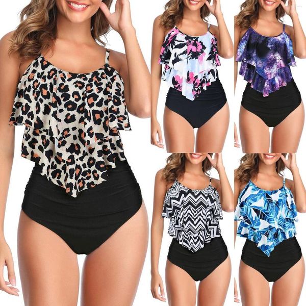 Maillots de bain pour femmes Femmes Split Maillot De Bain Volant Gilet Ventre Floral Imprimé Taille Haute Bikini Ensembles Rembourré Maillot De Bain Bikinis 2023 Mujer